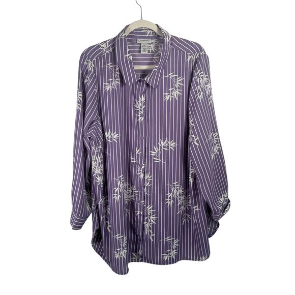 Catherines Purple Striped Floral Button Front Blouse Work Ofice Womens Plus 1x - Picture 1 of 5